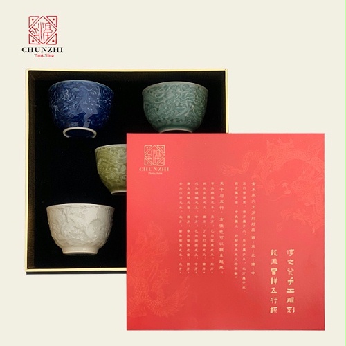景德镇瓷器纯手工雕刻五行杯复古中式家用茶具套装功夫茶杯品茗杯
