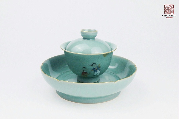 描金青瓷童子盖碗组合