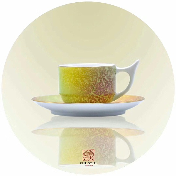 淳之手工手刻扒花颜色釉咖啡杯