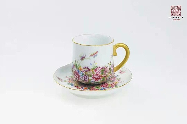 淳之手工手绘描金葵口颜色釉各式咖啡杯