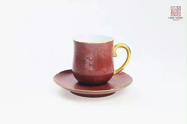 淳之手工手绘描金葵口颜色釉各式咖啡杯
