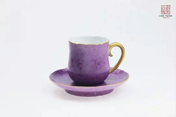 淳之手工手绘描金葵口颜色釉各式咖啡杯