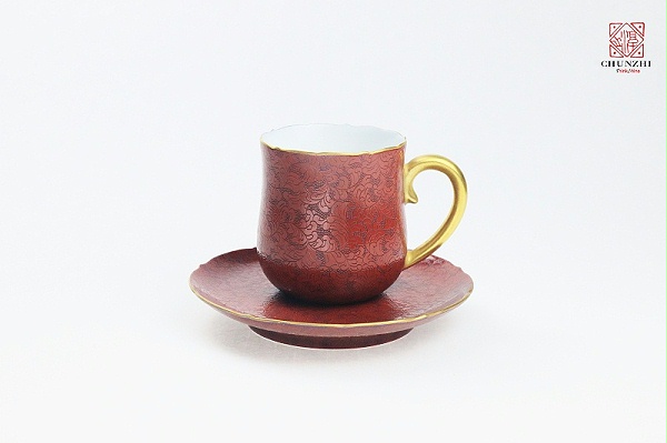 扒花红底咖啡杯