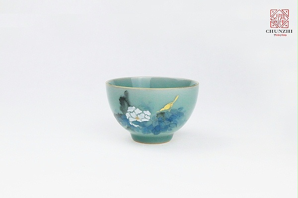 描金青瓷百花金鸟主人杯