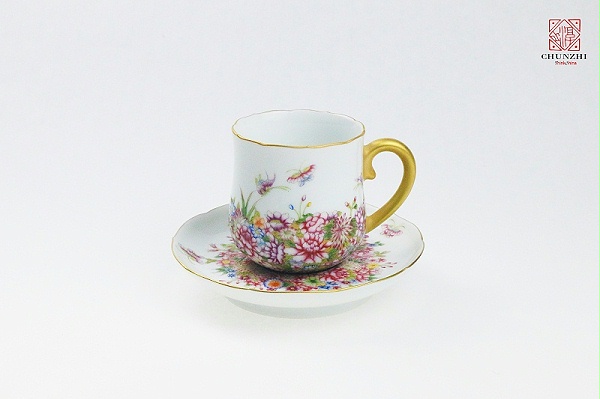 万花珐琅留白葵口咖啡杯