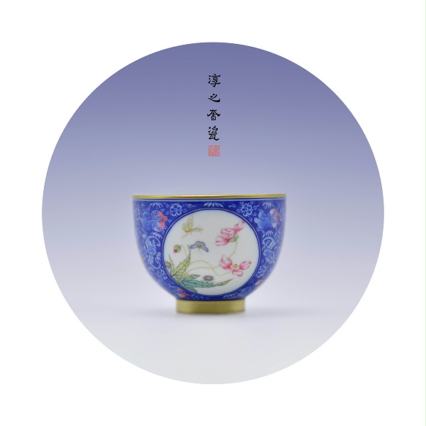 淳之青花斗珐琅开窗花鸟描金单杯