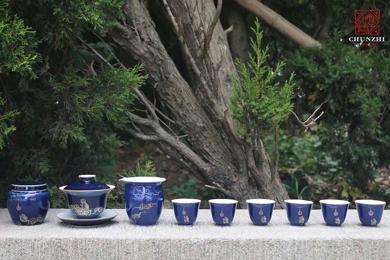 淳之手工手绘祭蓝描金蟾茶具套组