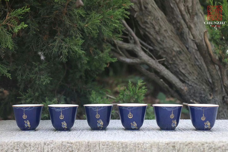 淳之手工手绘祭蓝描金蟾茶具套组