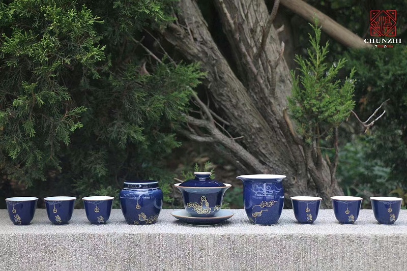 淳之手工手绘祭蓝描金蟾茶具套组