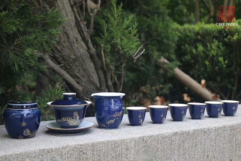 淳之手工手绘祭蓝描金蟾茶具套组