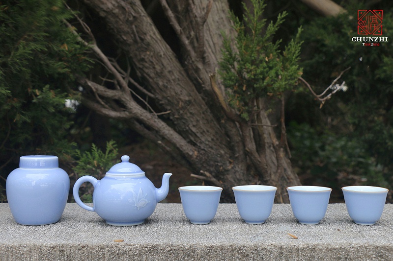 淳之天蓝釉堆雕蝴蝶茶具套组