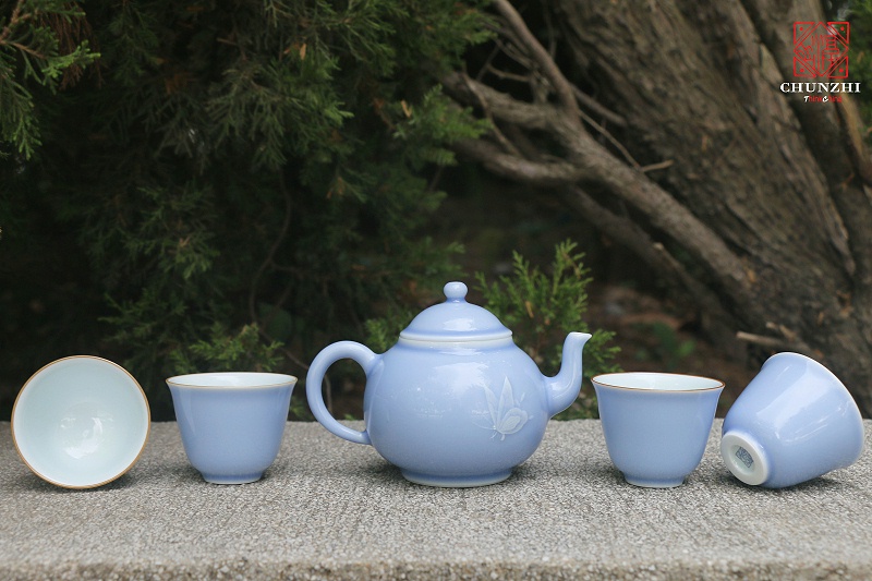 淳之天蓝釉堆雕蝴蝶茶具