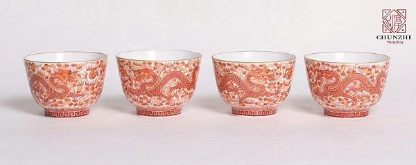 淳之描金矾红龙祥云纹足底单杯