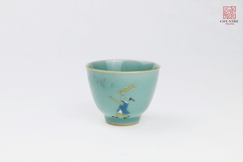 描金青瓷童子单杯1