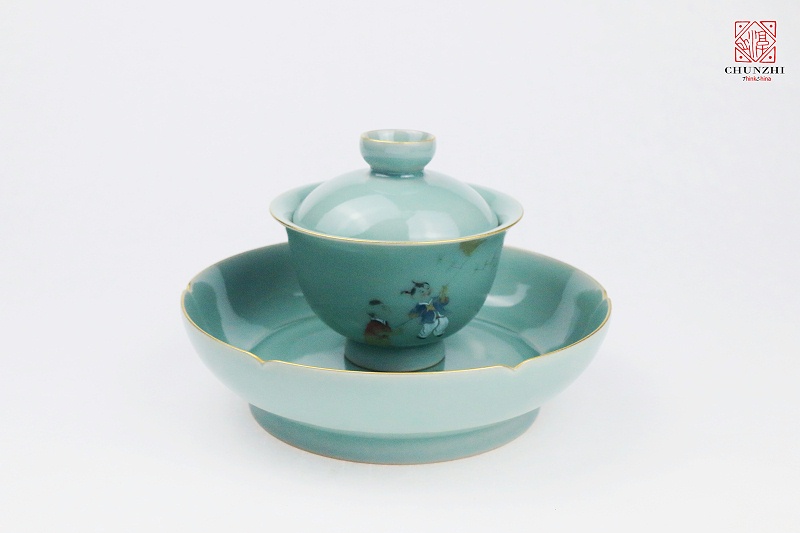 描金青瓷童子盖碗组合