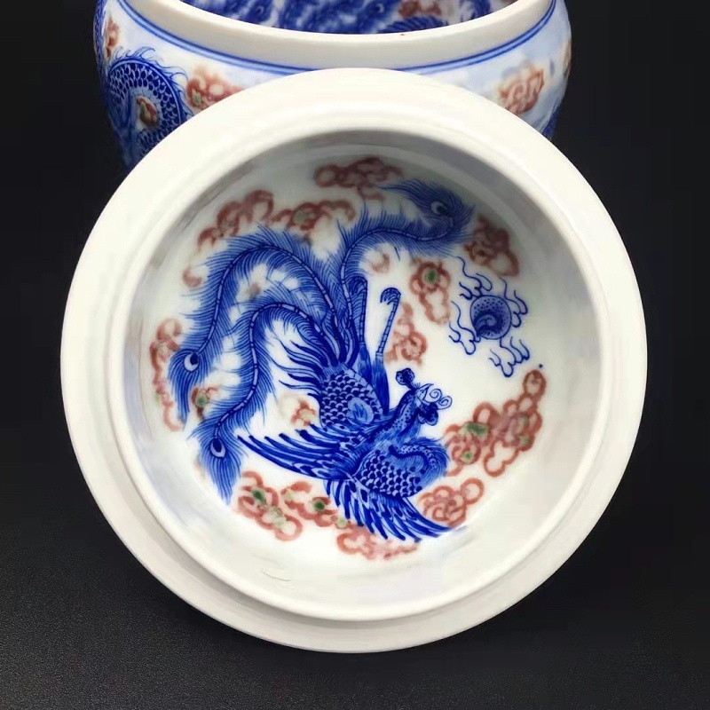 淳之纯手工手绘内外画青花釉里红龙凤茶叶罐