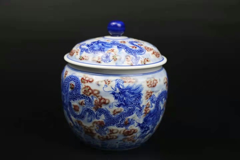 淳之纯手工手绘内外画青花釉里红龙凤茶叶罐