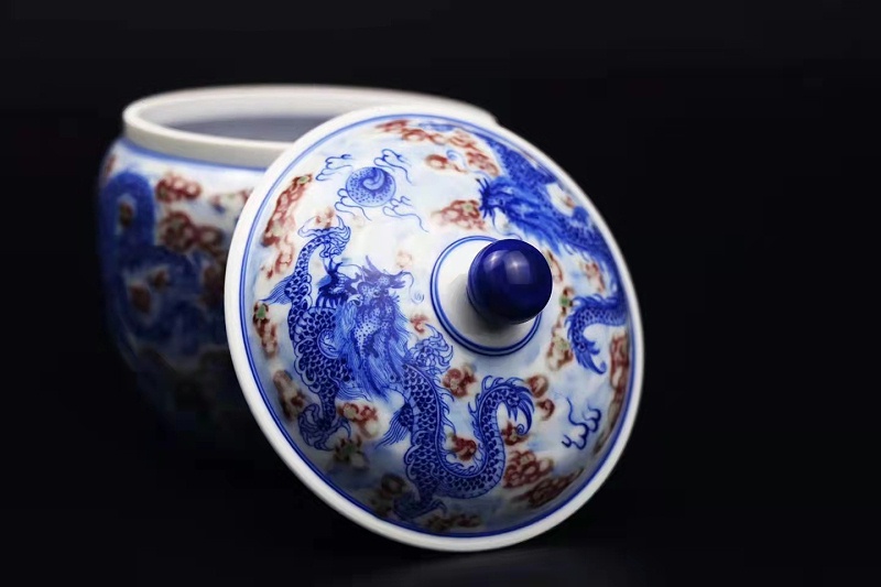 淳之纯手工手绘内外画青花釉里红龙凤茶叶罐