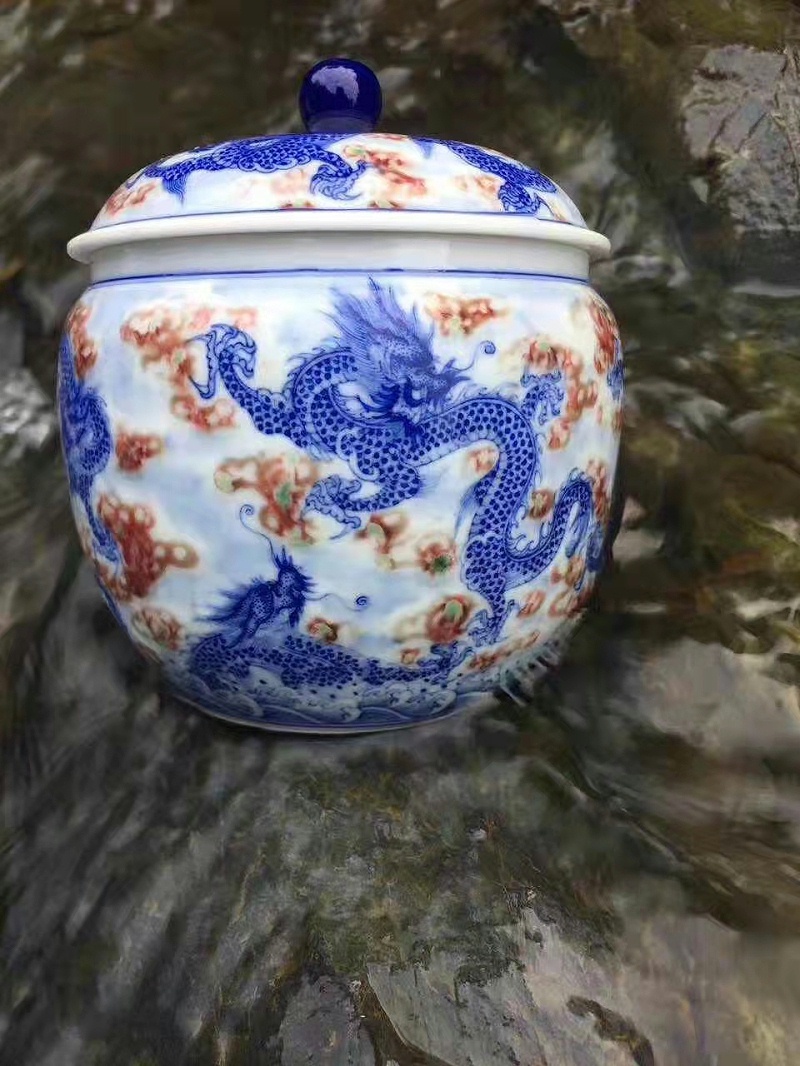 淳之纯手工手绘内外画青花釉里红龙凤茶叶罐