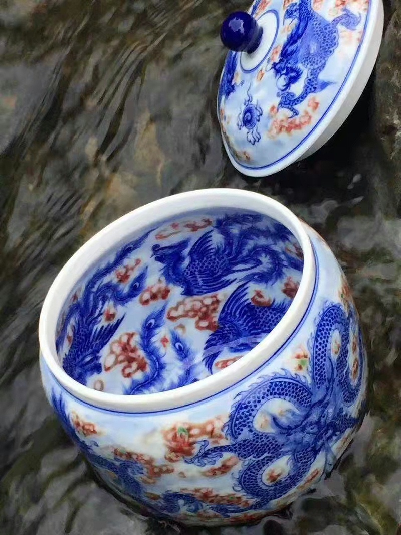 淳之纯手工手绘内外画青花釉里红龙凤茶叶罐
