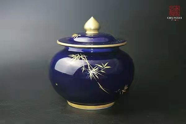 淳之纯手工手绘祭蓝描金竹茶叶罐