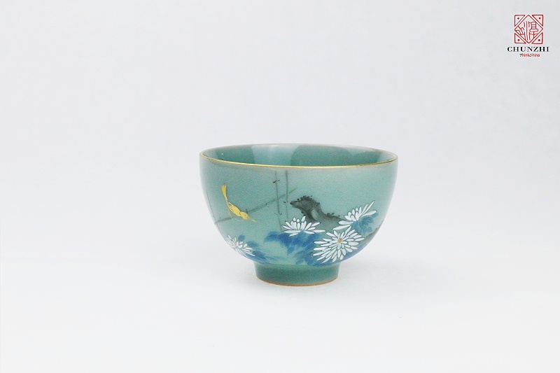 描金青瓷金雀白菊直口主人杯