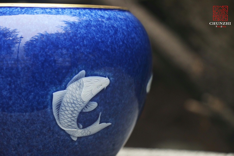 淳之描金洒蓝堆雕鲤鱼水洗